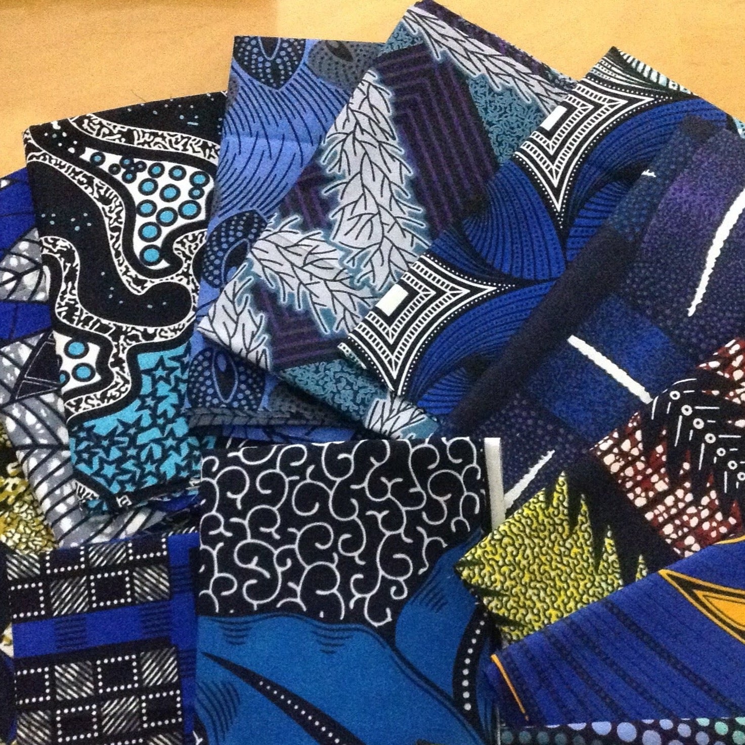 different coloured blue african fabrics